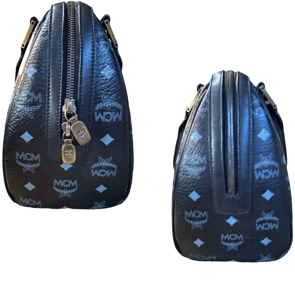 ⚜️Rare!! MCM Visetos Logo Leather Boston Bag Black w/ Print & Black&white Trim👑 - Picture 8 of 14